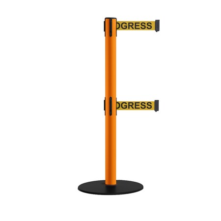 Montour Line Retractable Dbl Belt 2.5 Orange Post , Low Base, 7.5'Clea.Belt S400D-OR-CLEANYB-75